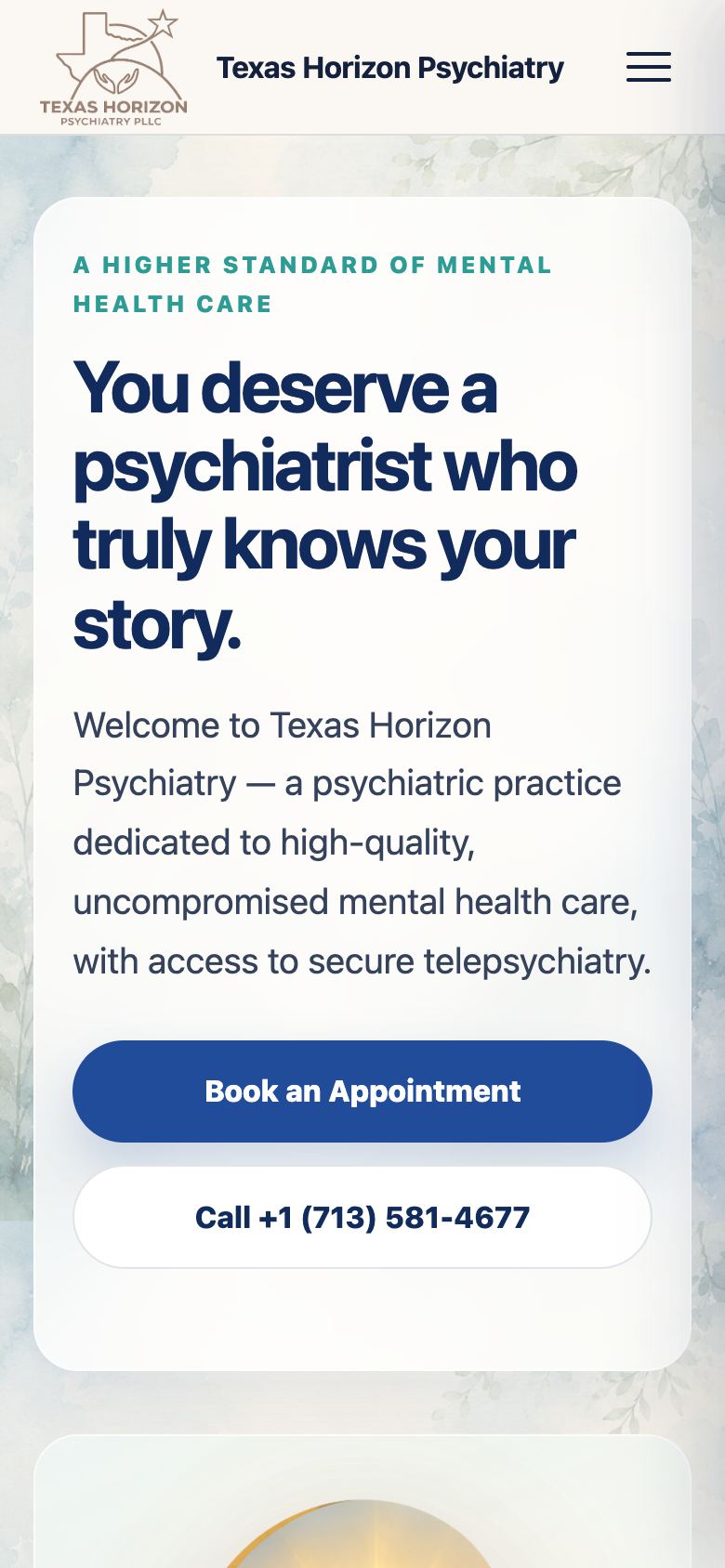 Texas Horizon Psychiatry homepage on mobile